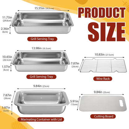 6 Pcs Grilling Prep and Serve Tray Set BBQ Stainless Steel Grill Carry System Includes Wire Rack 2 Grill Serving Trays 2 Marinating Container with Lid Cutting Board for BBQ Outdoor Grilling