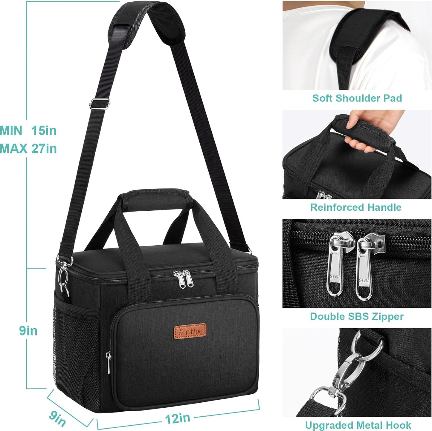 Tiblue Insulated Lunch Bag for Women/Men, Reusable Lunch Box for Office Work School Picnic,Leakproof Freezable Cooler Bag with Adjustable Shoulder Strap for Kid/Adult(Medium, Black & White Stripes)