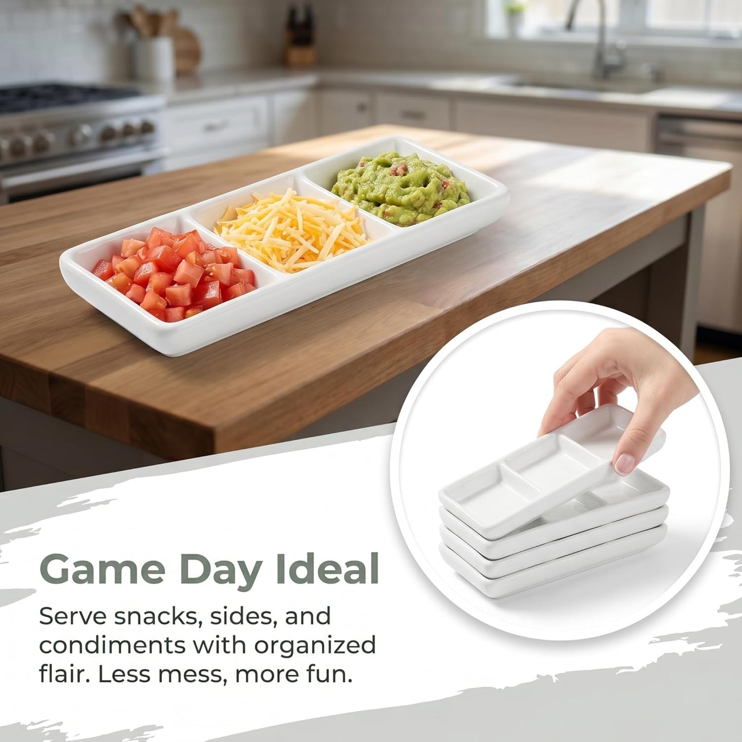 DOITOOL Ceramic Divided Serving Tray 5.8 inch, 4 Pack 3 Compartment Appetizer Tray White Stackable Chip and Dip Serving Dish Condiment Server for Entertaining, Snack Food Dessert, Dishwasher Safe