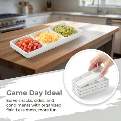 DOITOOL Ceramic Divided Serving Tray 5.8 inch, 4 Pack 3 Compartment Appetizer Tray White Stackable Chip and Dip Serving Dish Condiment Server for Entertaining, Snack Food Dessert, Dishwasher Safe