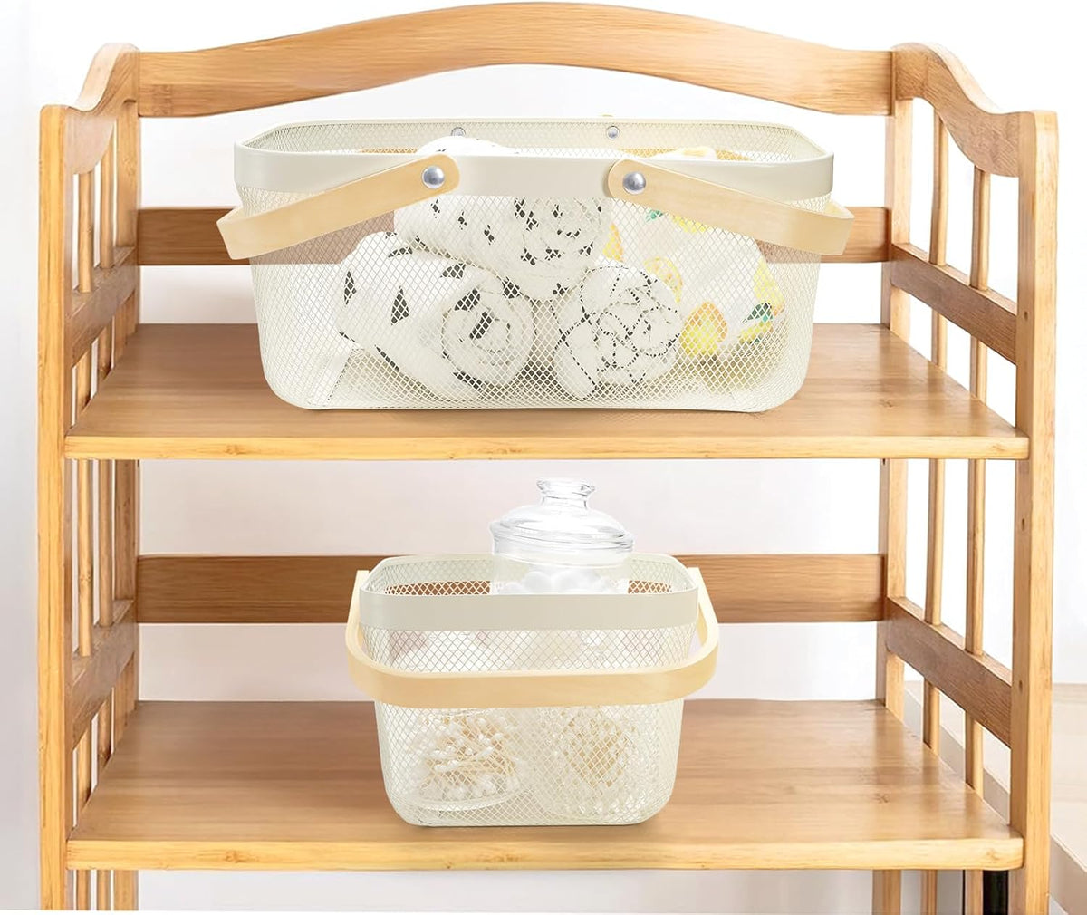 ZEAYEA 2 Pack Harvest Basket with Handle, Garden Baskets for Gathering Vegetables, Multi-functional Metal Mesh Fruit Basket, White Mesh Storage Basket for Picnic Kitchen Garden Cabinet Pantry Bathroom