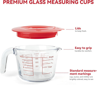 6 Pcs Glass Measuring Cups Set with Lids (Strainer Included) - 1-Cup/2-Cup/4-Cup Nesting Jugs with Easy-Grip Handles, Kitchen Liquid Measuring