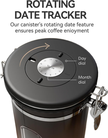 Veken Coffee Canister with Window, Family Choice Awards Winner, Airtight Stainless Steel Home Kitchen Food Storage Container with Lids for Grounds, Beans, Tea, Flour,Cereal,Sugar Jars,Scoop,16OZ,Black