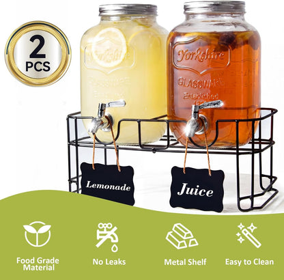 2-Pack 1-Gallon Glass Drink Dispensers with Heavy-Duty Wire Stand - 304 Stainless Steel Spigot & Mixing Spoon - 100% Leakproof Mason Jar Beverage Dispenser for Parties, Fridge, Kombucha - Wide Mouth
