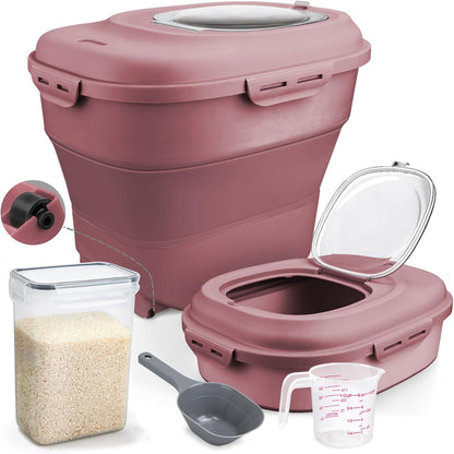 Komzon Rice Storage Bin Cereal Containers, 13-50lb Collapsible Rice Container Dispenser with Transparent Lid, Rolling Wheels, Measuring Cup and Scoop, Airtight Dog Cat Pet Food Storage Container White