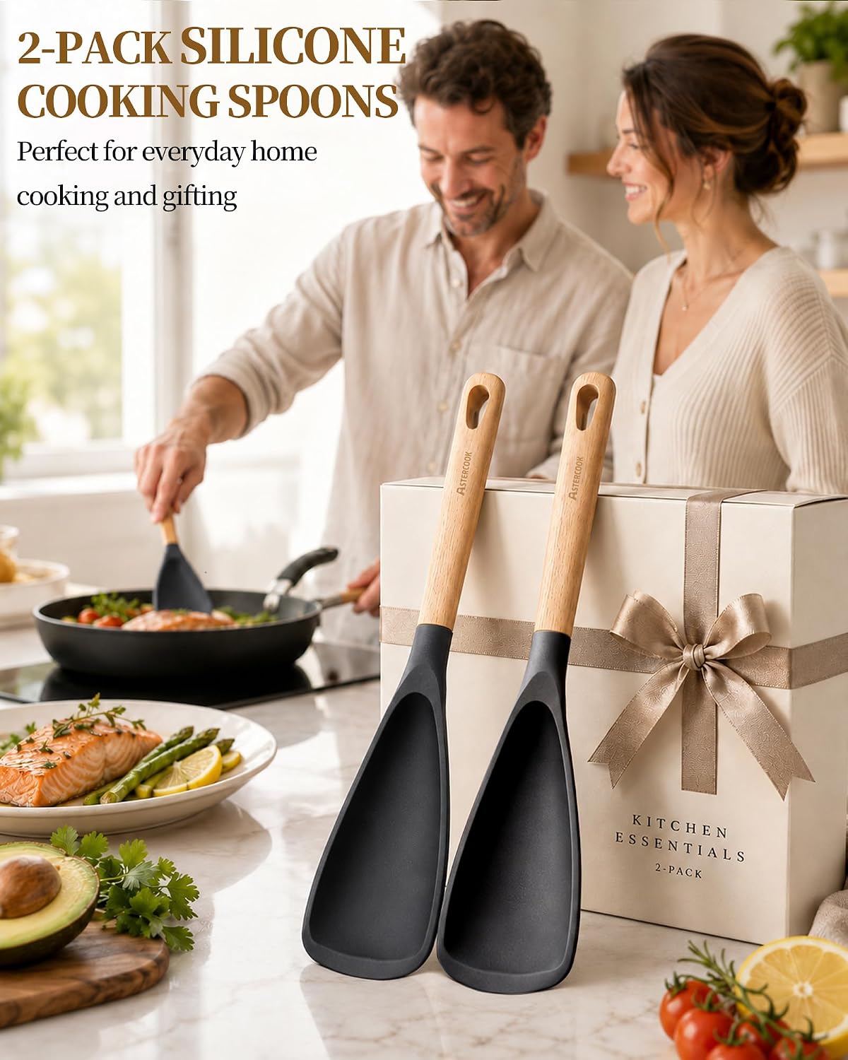 Astercook Cooking Spoon, 2 Pack, Nonstick Safe Silicone Spoonula Spatula