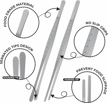 GMI Kitchen Tweezers Tongs 2PCS 12 Inch – Stainless Steel Cooking Tweezers with Serrated Tips, Precision Chef Tongs for BBQ, Grill, Pasta, Salad & Food Plating