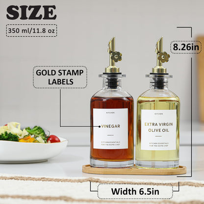 HOMCDALY Olive Oil Dispenser for Kitchen, 12oz Glass kitchen Dispenser Bottle, Gold Oil&Vinegar Cruet Set, Leakproof Oil Containers for Cooking| Set of 2 (12oz – Gold)