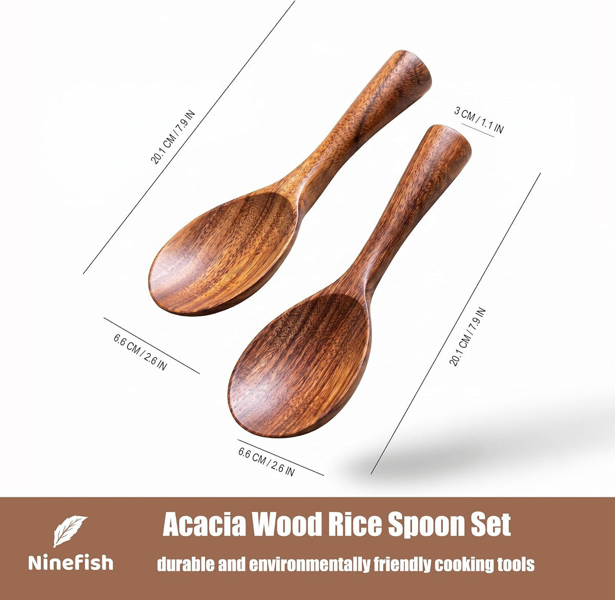 Ninefish Acacia Wood Rice Paddle Set, Non-Stick Wooden Standing Rice Spoon Scooper Spatula, Heat Resistant Rice Cooker Spoon, Durable Natural Wood Serving Utensils for Rice & Potato Servers