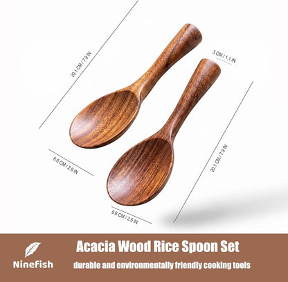 Ninefish Acacia Wood Rice Paddle Set, Non-Stick Wooden Standing Rice Spoon Scooper Spatula, Heat Resistant Rice Cooker Spoon, Durable Natural Wood Serving Utensils for Rice & Potato Servers