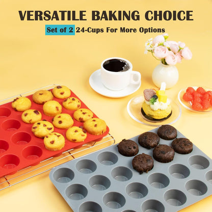 24 Cups Silicone Mini Muffin Pan Set, Nonstick Mini Cupcake Pans, BPA Free Small Muffin Tin for Baking, Set of 2 (Green+Purple)