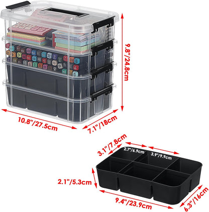 JUXYES 4-Tiers Plastic Stack Carry Storage Containers Box wih Handle Lids | Clear Stackable Latching Storage Bin With 2 Tray for School Office, Organizing Sewing, Art Craft, DIY Supplies, Blue