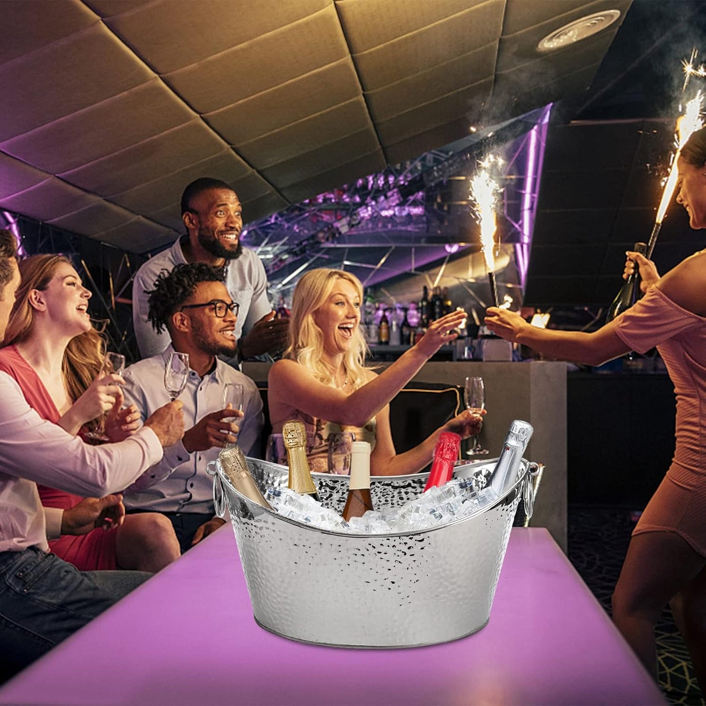 Frcctre 3 Gallon/12L Stainless Steel Beverage Tub, Large Galvanized Ice Bucket with Handles, Hammered Metal Drink Bucket Drink Chiller Champagne Buckets for Parties Weddings