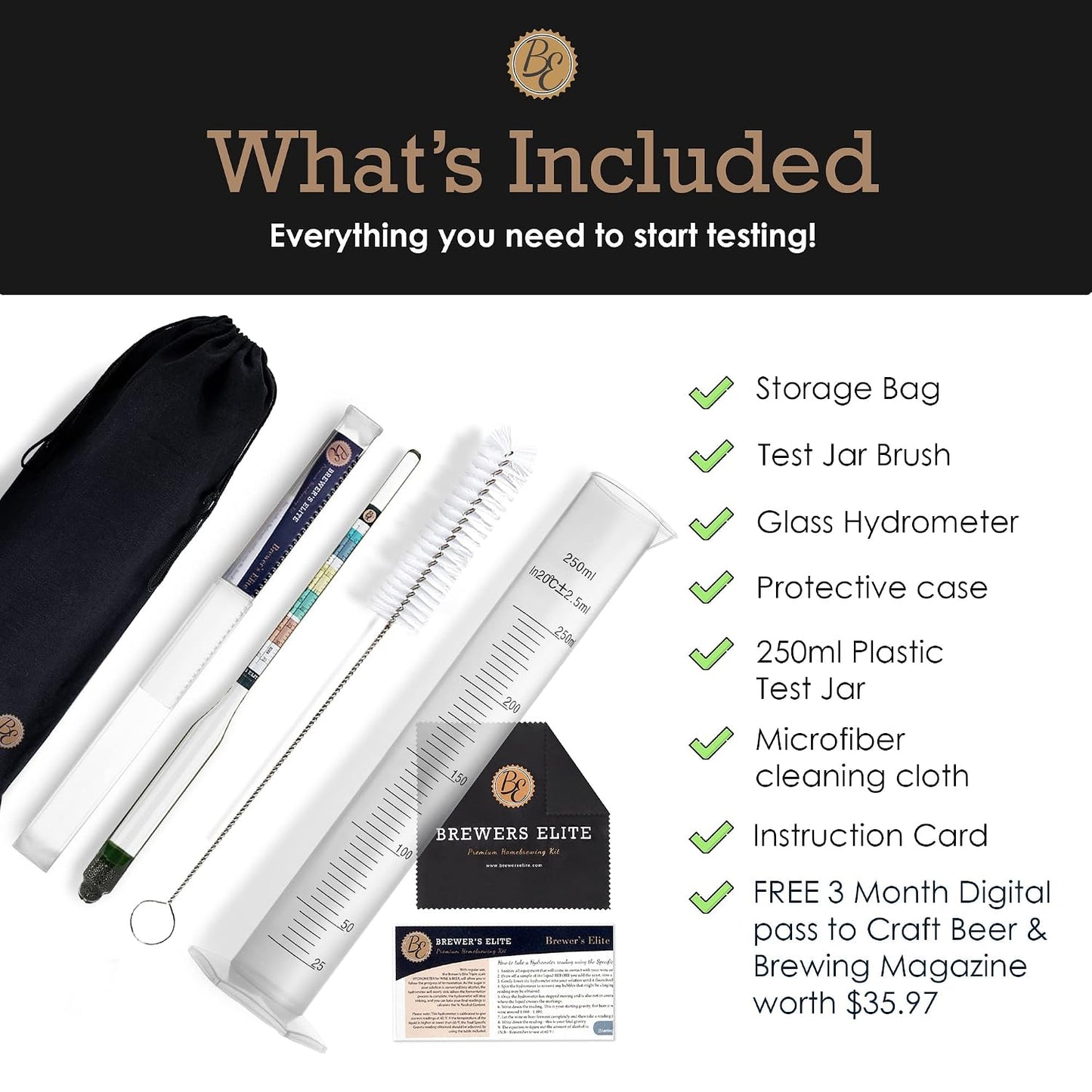 Brewer's Elite Hydrometer for Home Brew Beer, Wine, Mead and Kombucha - Deluxe Triple Scale Set with Hardcase and Cloth - Specific Gravity ABV Tester