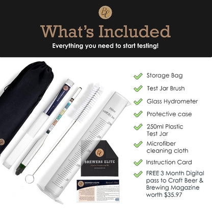 Brewer's Elite Hydrometer for Home Brew Beer, Wine, Mead and Kombucha - Deluxe Triple Scale Set with Hardcase and Cloth - Specific Gravity ABV Tester