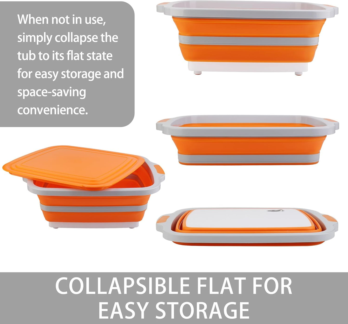 Collapsible Cutting Board with Container, Foldable Camping Sink with Colander, BBQ Prep Tub with Lid, Multifunction Dish Basin for Kitchen, Bowl, Vegetable and Fruit, 2.11 Gal/8L Storage Basket