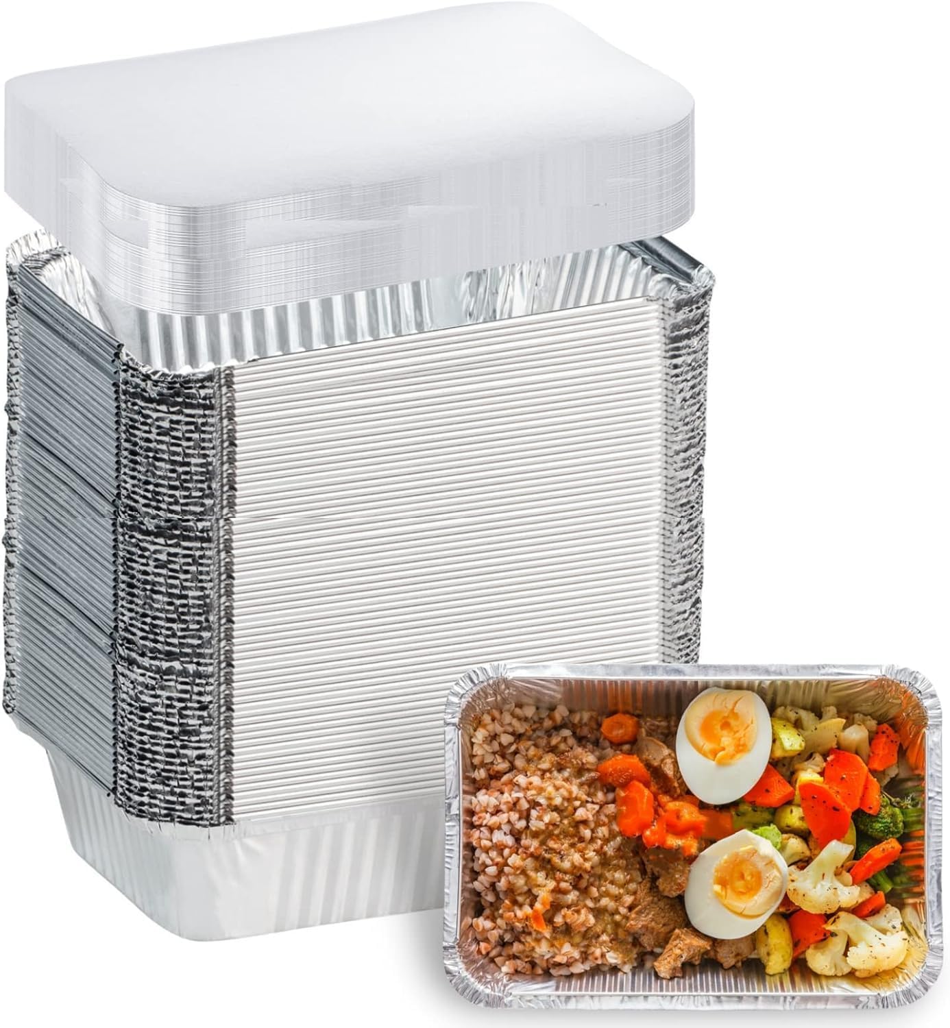 Aluminum Pans with Lids (50-Pack, 8.5"×6") 2.25 LB Capacity Foil Food Containers with Lids - 50 Pans and 50 Cardboard Covers - Disposable Tin Foil Pans - for Baking, Meal Prep and Freezer, Takeout