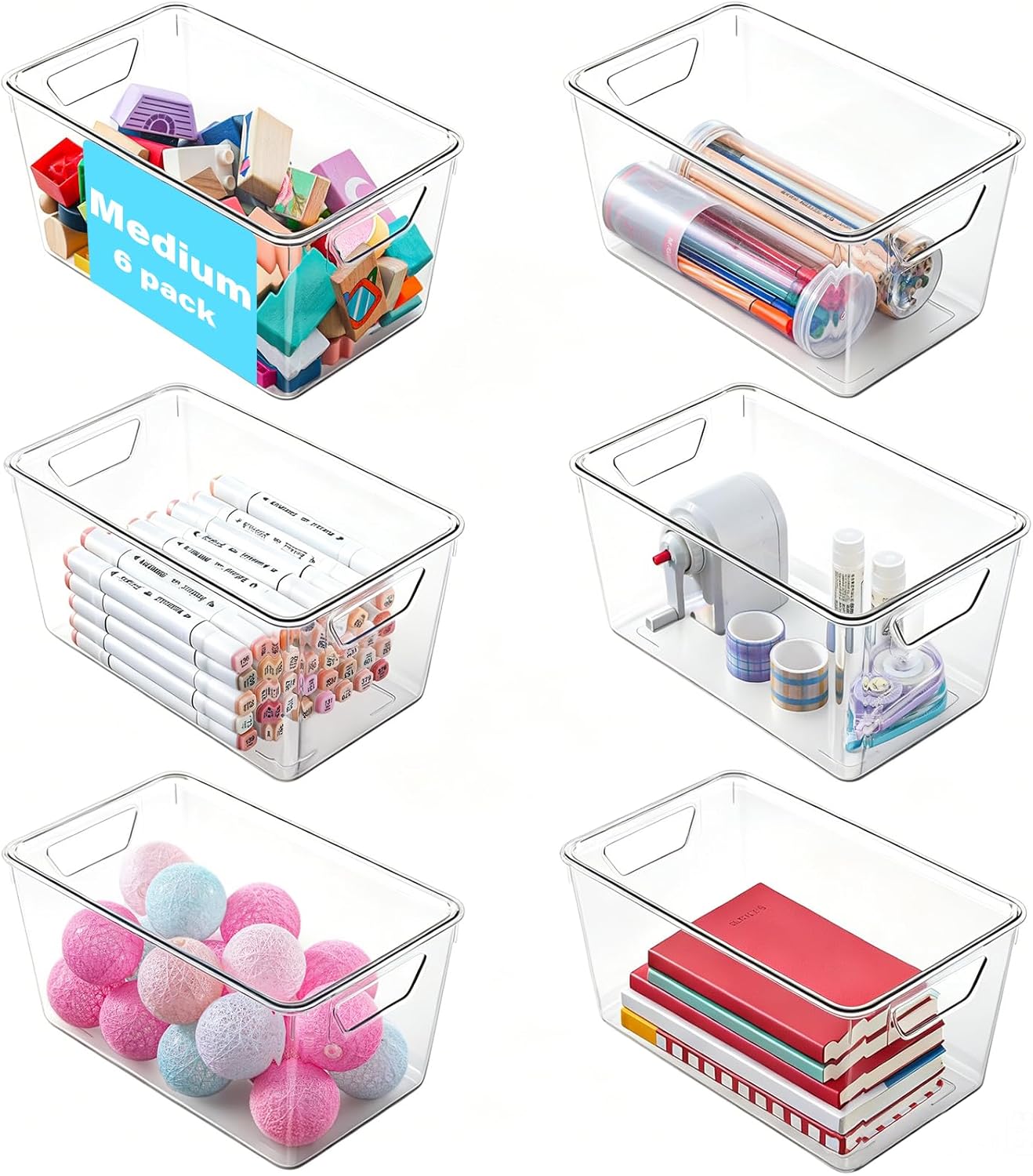 6 Pack Small Clear Storage Bins with Lids, Acrylic Arts and Craft Storage Containers, Stackable Clear Plastic Craft Storage Bins with Handles for Pantry Organizers and Storage, Kitchen, Fridge, Office