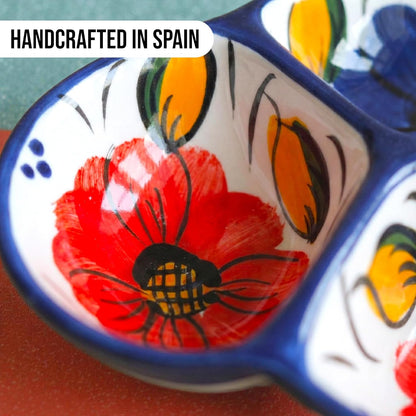 Ceramic Chip & Dip Bowl 7.5”, 3-Compartment Divided Serving Dish & Condiment Tray for Appetizers – Handmade in Spain, Lead-Free Glaze, Microwave, Oven & Dishwasher Safe