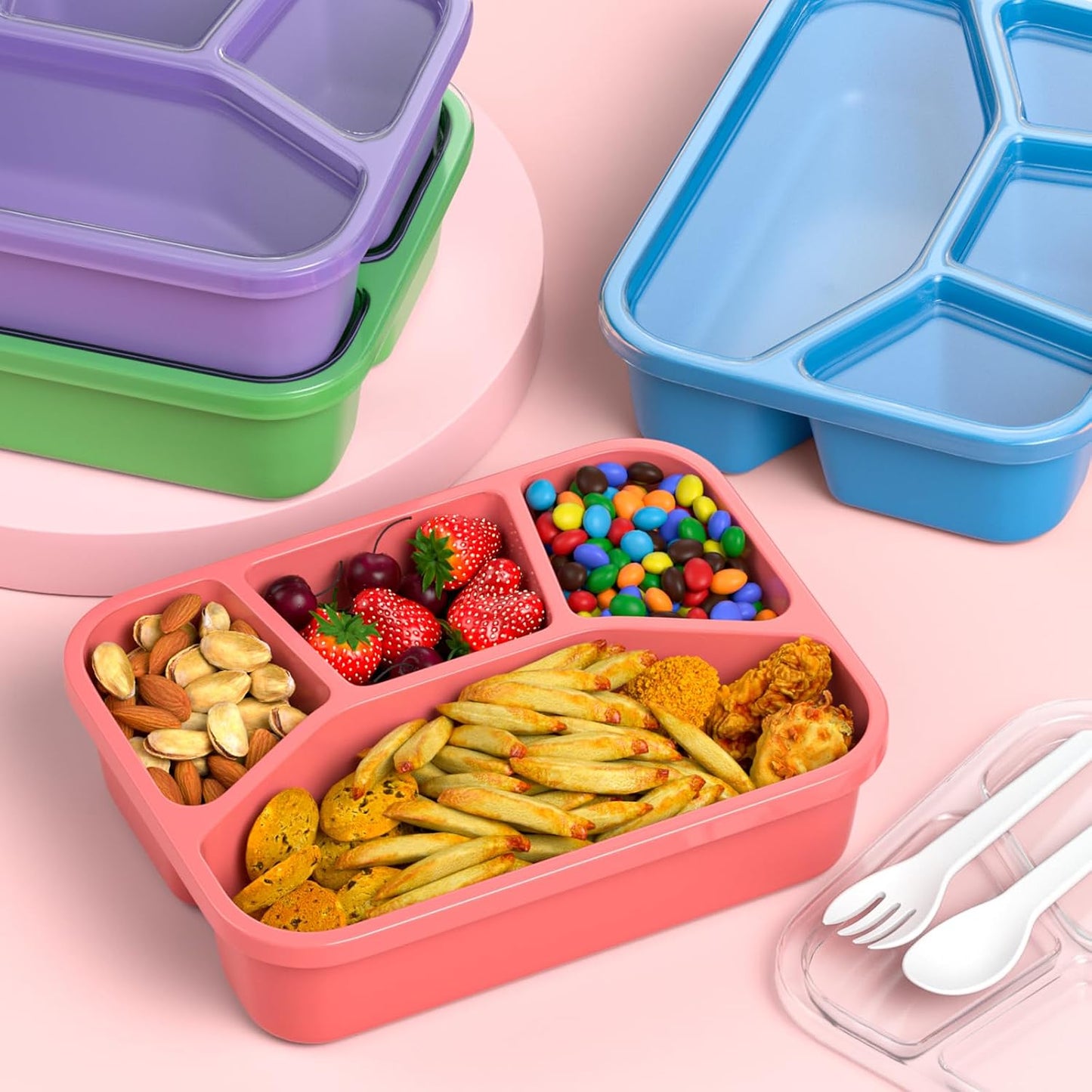 Bento Box Adult Lunch Box (4 Pack), 4-Compartment Meal Prep Container for Kids, Reusable Food Storage Containers with Transparent Lids, No BPA, Microwaveable (Wheat (Green/Blue/Pink/Beige))