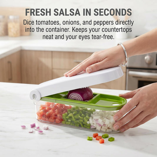 Vegetable Chopper - Manual Veggie Dicer and Food Cutter with 2 Stainless Steel Blades, 2-Cup Storage Container, Cleaning Tool - Onion Slicer, Fruit Salad Maker, Dishwasher Safe