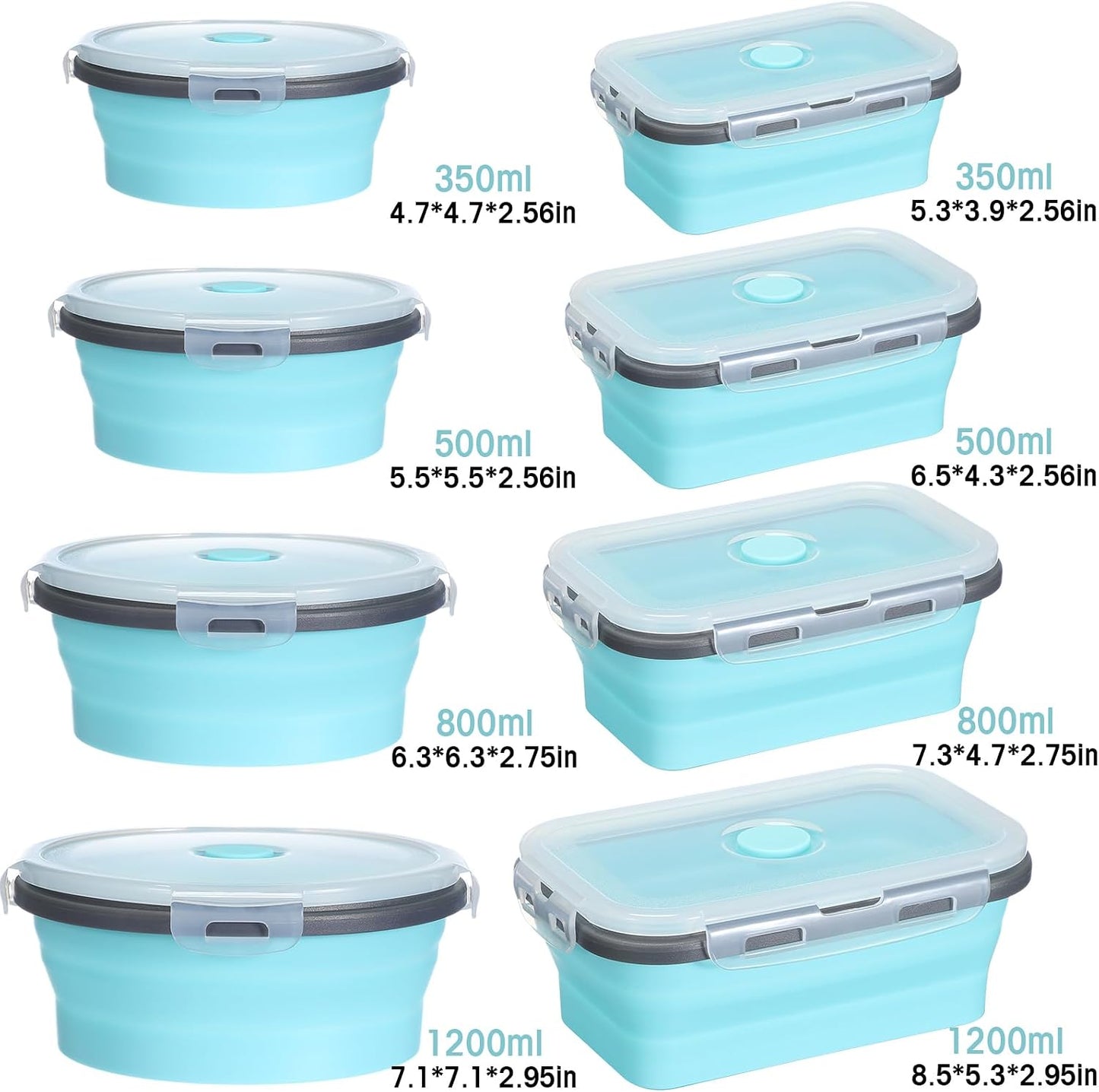 Yaomiao 16 Pack Collapsible Food Storage Containers with Lid Foldable 8 Pcs Rectangle Storage Bowl and 8 Pcs Round Silicone Food Bow for Lunch Rv Accessories Microwave Freezer Safe(Gray, Blue)