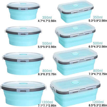 Yaomiao 16 Pack Collapsible Food Storage Containers with Lid Foldable 8 Pcs Rectangle Storage Bowl and 8 Pcs Round Silicone Food Bow for Lunch Rv Accessories Microwave Freezer Safe(Gray, Blue)