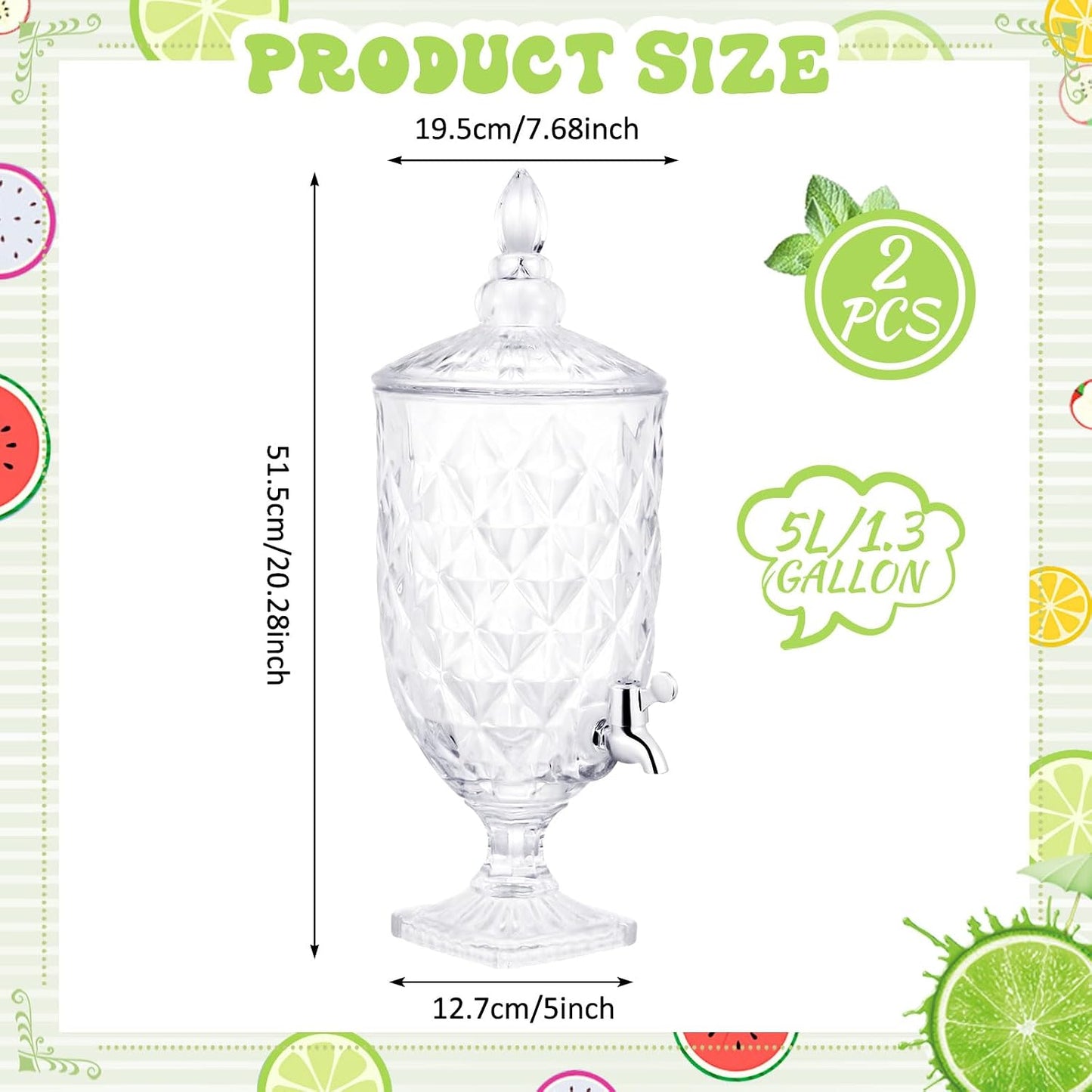 Bokon 2 Pieces 1.3 Gallon Drink Dispensers for Parties Crystal Iced Beverage Dispenser with Stand and Spigot, Glass Liquid Containers Wide Mouth Beverage Server for Juice Tea Wedding(Exquisite)