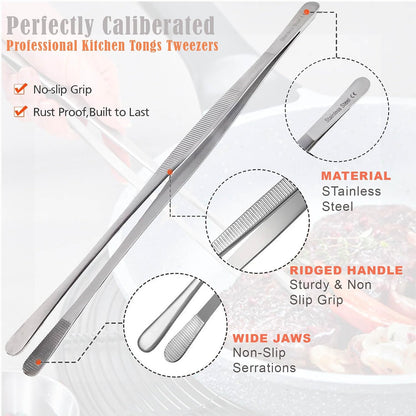 A2Z 2Pc Precision Kitchen Culinary Tweezer Tongs Set, Stainless Steel Offset Handle & Wide Jaws Chef Plating Tweezers for Plating Small Delicate Foods, Cooking, Grilling Serving Tongs - 12 inch