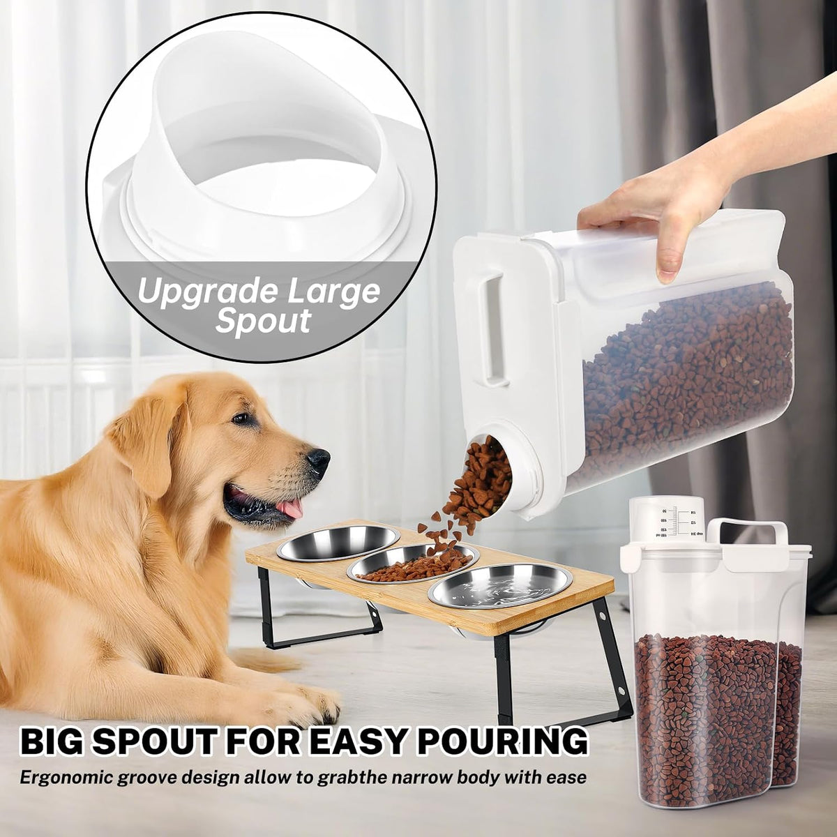 Dog Cat Food Storage Container, Pet Food Pourable Container Airtight with Large Spout & Cup, BPA-Free Plastic Food Dispenser for Pet Food, Bird Seed, Rice, Flour (Dark Gray, 2.5L)