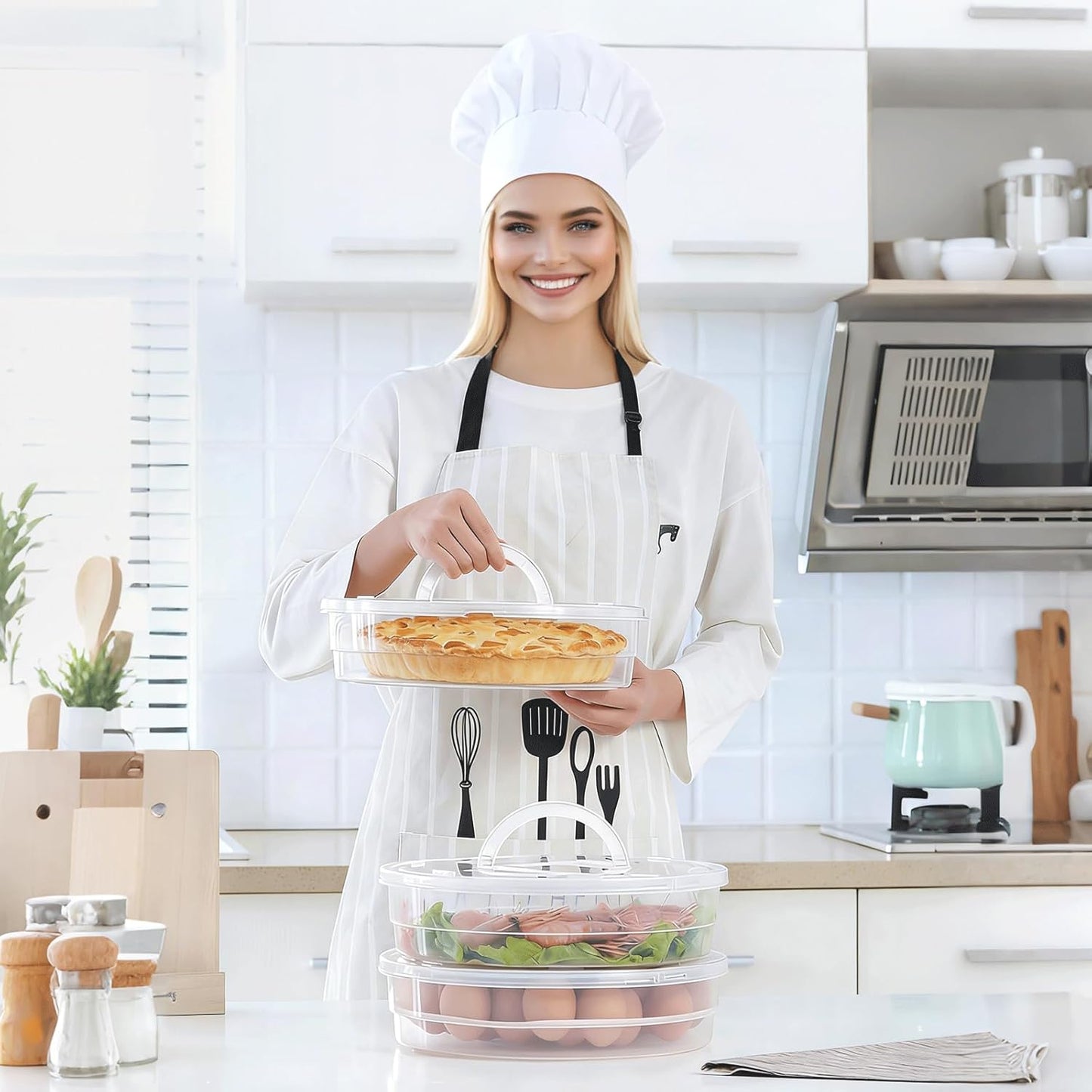 Pie Carrier With Lid and Handle, 12IN Stackable Pie Carriers for Transport with Double-Layer Divider, Airtight Pizza Saver for Leftover Pizza, Pie, Cake (3PC)