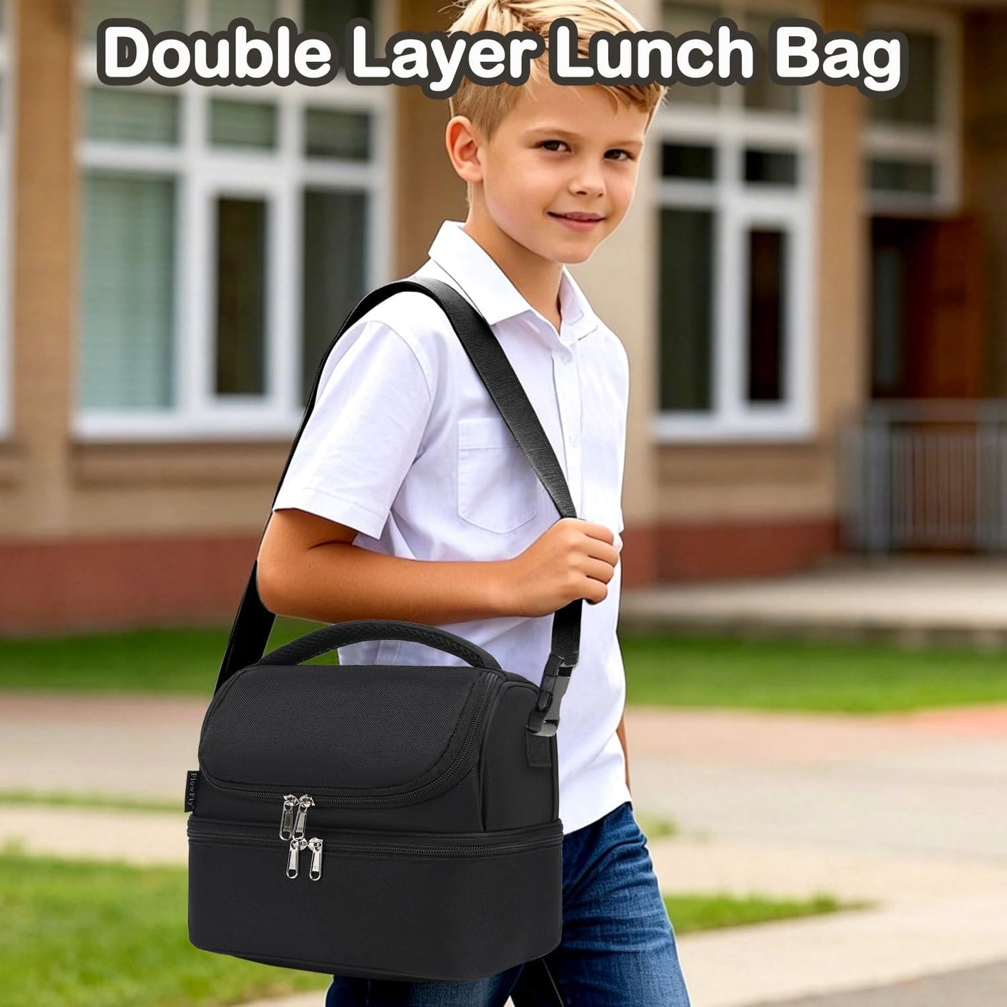 FlowFly Kids Double Decker Cooler Insulated Lunch Bag Large Tote for Boys, Girls, Men, Women, With Adjustable Strap, Unicorn