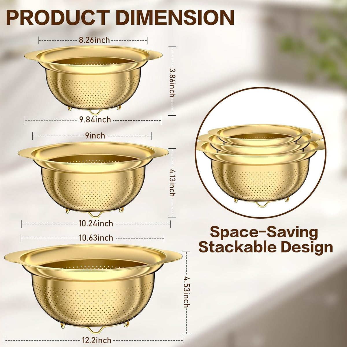 Stainless Steel Colander for Kitchen, Strainers and Colanders, 5-3-2 Qt