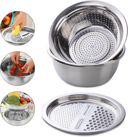 DOCBLACK Colander, 3Pcs Stainless Steel Kitchen Tool 3 in 1 Drain Basket Fruit and Vegetable Cutter Strainer Bowl Set Drain Pot Basket Grater for Fruits Vegetables Rice Washing Mixing - Gold