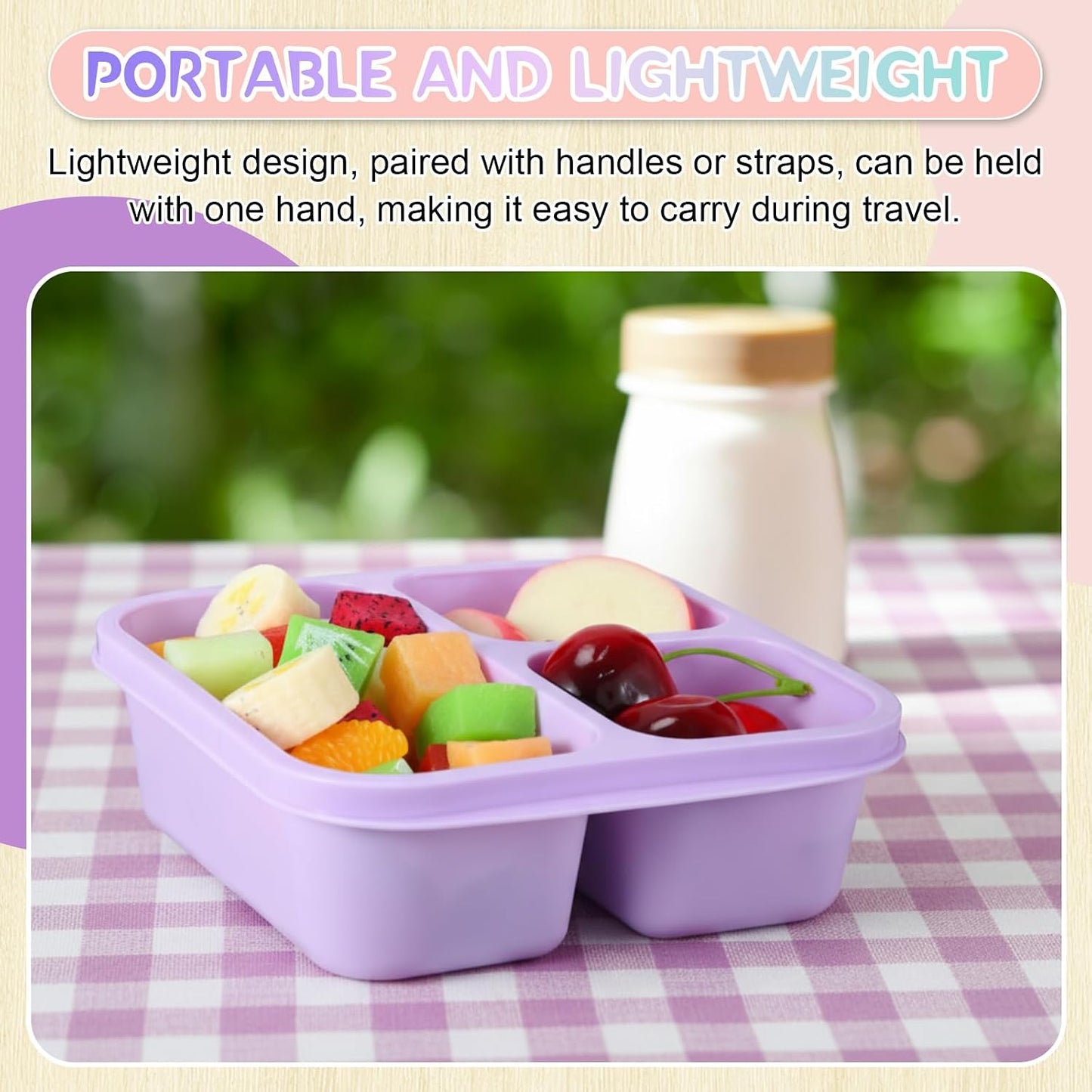 Honeydak 5 Pack Snack Containers 3 Compartment Bento Snack Boxes Divided Meal Prep Containers with Lids Reusable Adults Lunch Food Storage Box for School Work Travel(Elderberry)