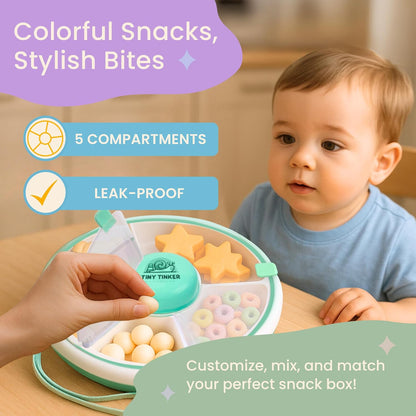 Snack Container for Toddlers with Lid, 5-Compartment BPA-Free Toddler Snack Spinner – Non Toxic, Leak-Proof, Easy Open, Dishwasher Safe Travel Snack Box for Toddlers (Mint Green)
