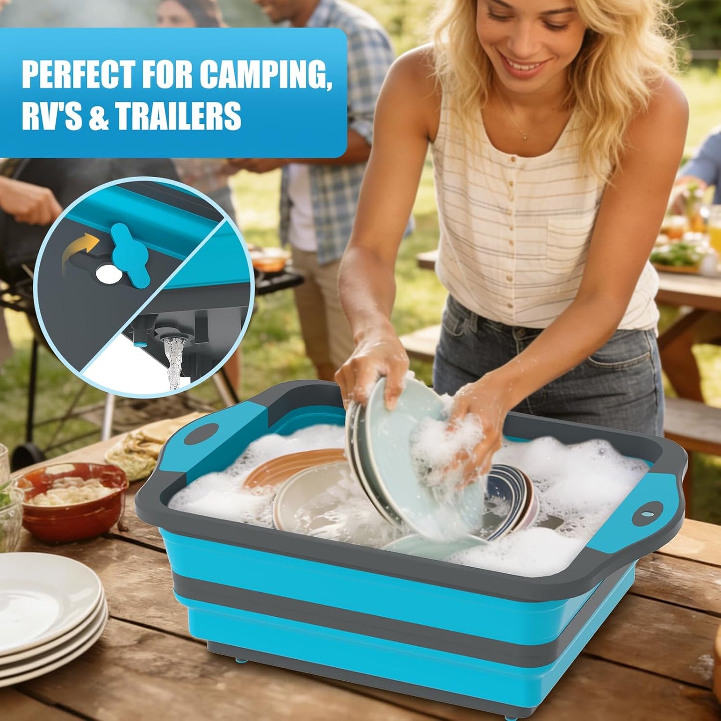 HI NINGER BBQ Prep Tub with Lid, Collapsible Camping Sink with Colander, Cutting Board & Knife Set for Grilling, Smoking & Outdoor Cooking, Collapsible Wash Basin for RV Camping Essentials
