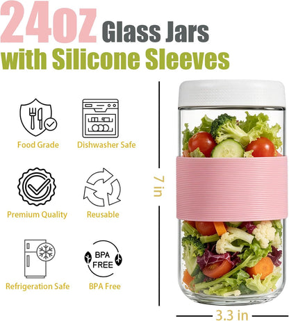 16 oz (6 Pack) Overnight Oats Containers with Airtight Lids and Silicone Sleeves, Leakproof Glass Meal Prep Containers, Wide Mouth Cookie Jars for Yogurt Chia Salad Smoothies Snacks