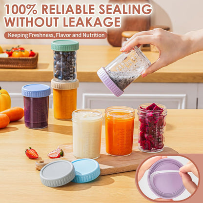 DRKIO 6 Pack Glass Baby Food Storage Containers - 4 Oz Baby Food Jars with Lids Baby Food Maker Microwave Dishwasher Freezer Safe 100% Leak Proof BPA Free Reusable