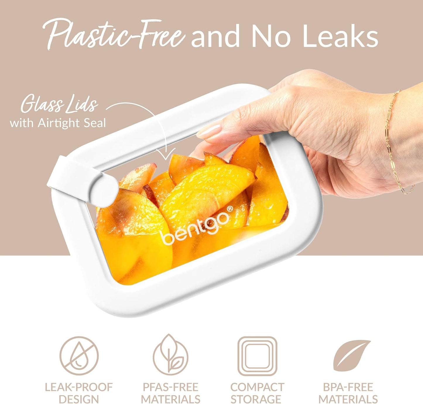 Bentgo Signature Leak-Proof Glass Food Storage - 4-Piece Set, 1-Compartment Plastic-Free Containers with Airtight Glass Lids, BPA-Free, Microwave, Freezer, Oven & Dishwasher Safe (White Stone)