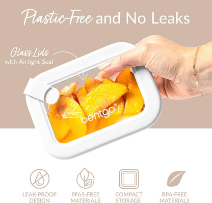 Bentgo Signature Leak-Proof Glass Food Storage - 4-Piece Set, 1-Compartment Plastic-Free Containers with Airtight Glass Lids, BPA-Free, Microwave, Freezer, Oven & Dishwasher Safe (White Stone)
