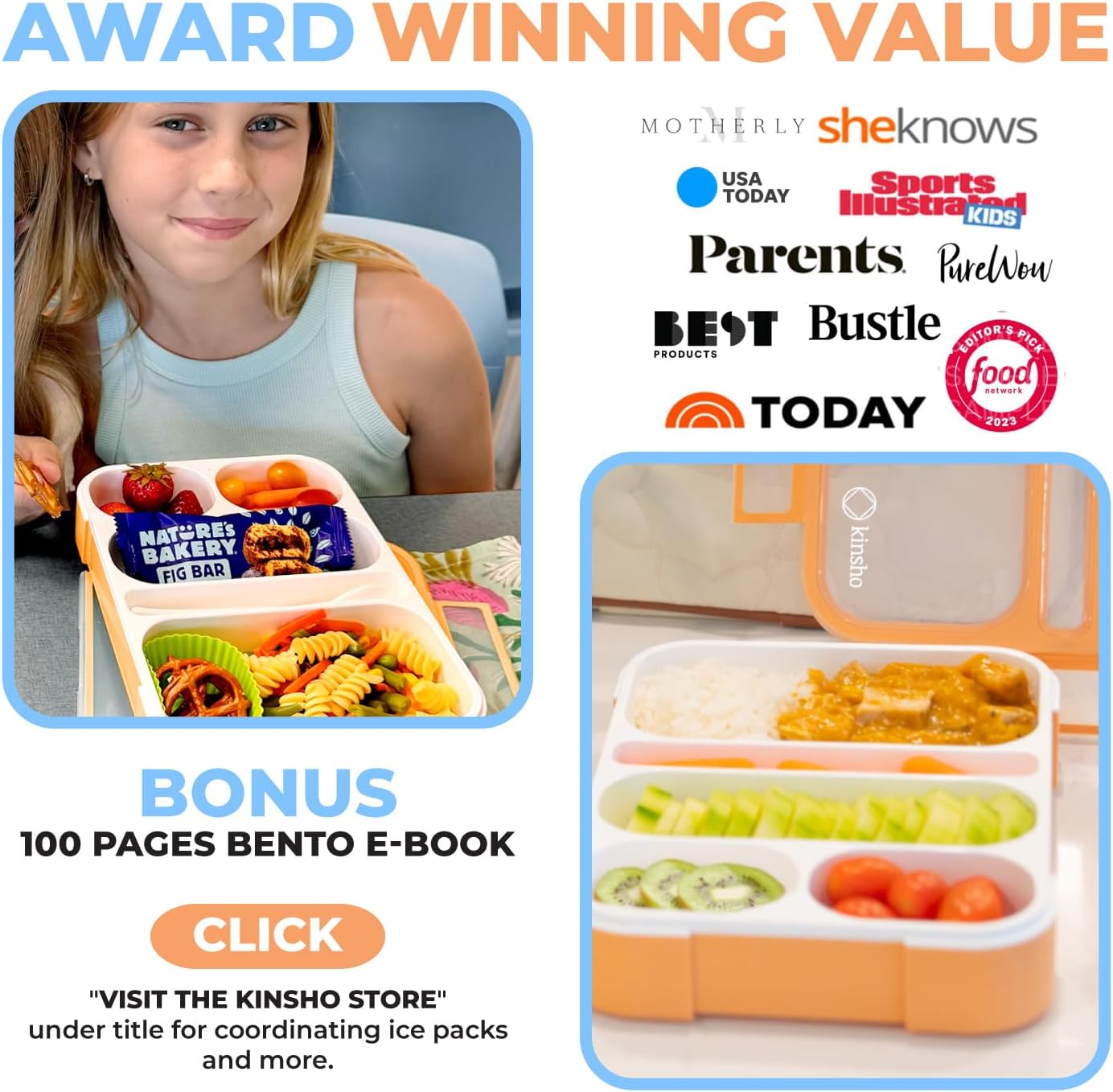 kinsho Bento Lunch-Box for Adults Kids Lunches, Portion Control Container Boxes for Women Girls Boys | Leak-Proof Snack Containers, BPA-Free Utensils 5 Compartments | Blue & Green 2 Pack Set