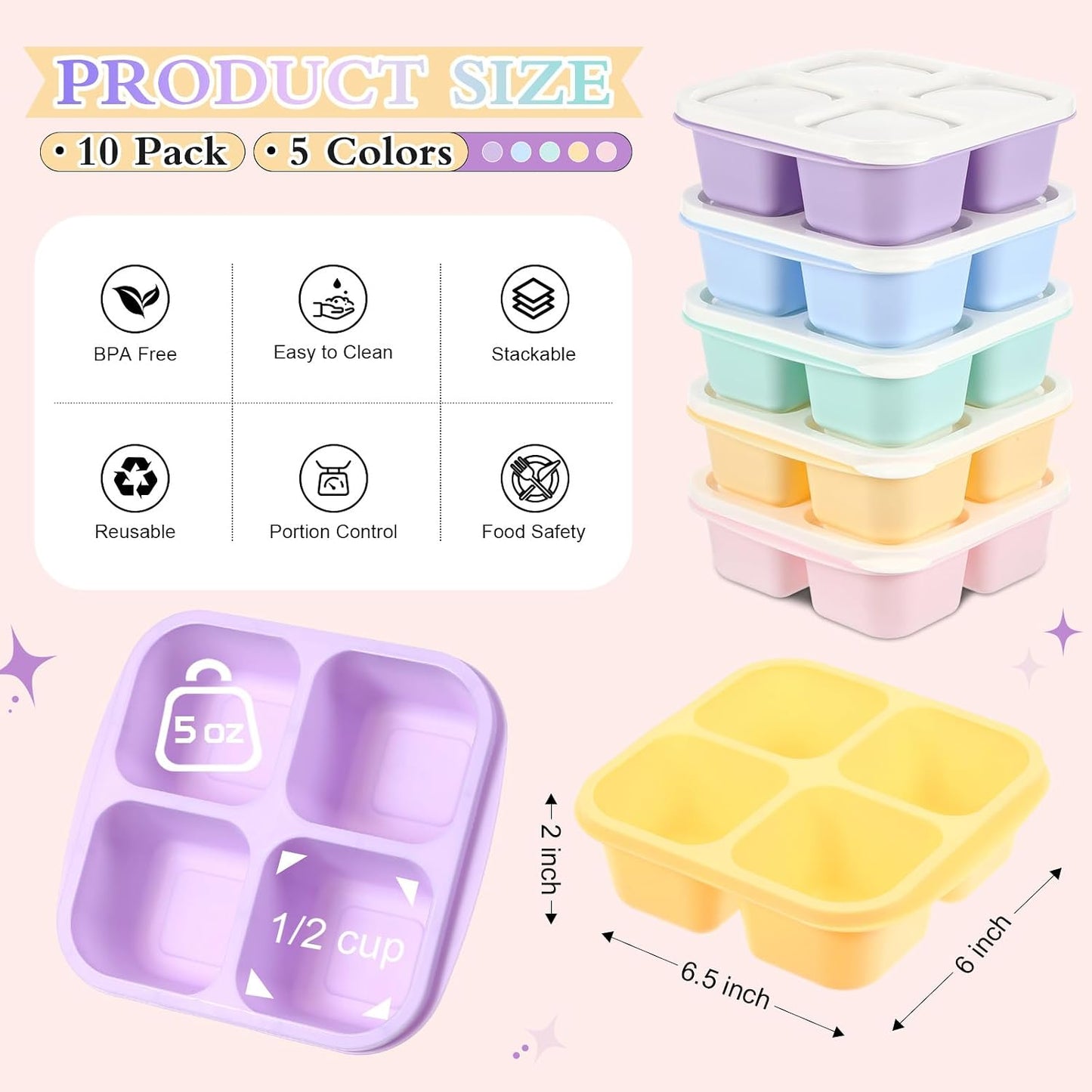 Honeydak 10 Pack Bento Snack Containers 4 Compartment Snack Boxes Reusable Containers with Lids Divided Meal Prep Lunch Food Storage Box for School Work Travel