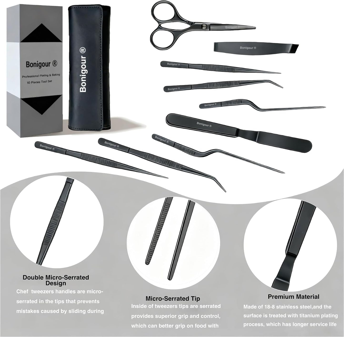 | Pastry Chef's Plating Tools Culinary Set | 10 Piece Professional Pastry Chef Plating Utensils | Spatula, Tweezers, Chef Scissors for Biscuit Decoration, Platig | Stainless Steel (Black)