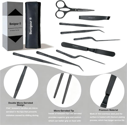 | Pastry Chef's Plating Tools Culinary Set | 10 Piece Professional Pastry Chef Plating Utensils | Spatula, Tweezers, Chef Scissors for Biscuit Decoration, Platig | Stainless Steel (Black)