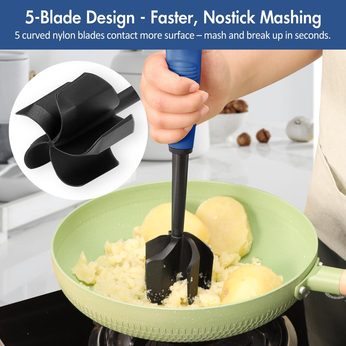 Ourokhome Meat Chopper and Potato Masher, Heat Resistant Nylon Ground Beef Smasher for Hamburger, 5 Curved Blades Nonstick Safe Mixer & Stirrer, Practical Kitchen Gadgets, Mint