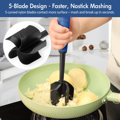 Ourokhome Meat Chopper and Potato Masher, Heat Resistant Nylon Ground Beef Smasher for Hamburger, 5 Curved Blades Nonstick Safe Mixer & Stirrer, Practical Kitchen Gadgets, Mint