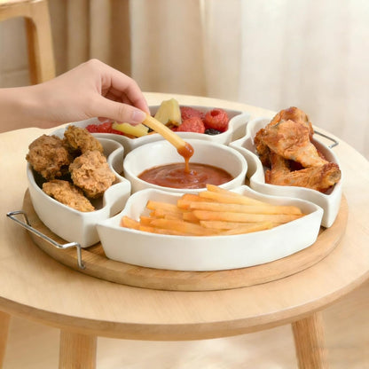 Chip and Dip Serving Set, Serving Platters, 11 inch Ceramic Appetizer Serving Tray, Porcelain Divided Serving Dishes, 6-Compartment Removable Appetizer Snack Dishes, Serving Platters and Trays
