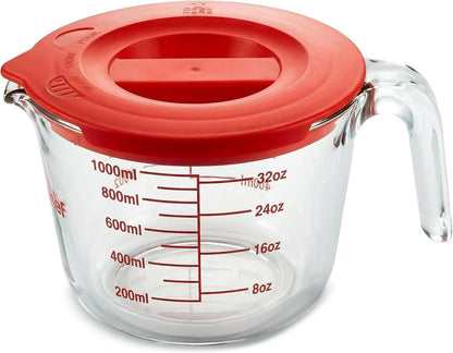 NutriChef 1,2 and 4 Cups Glass Measuring Cup Set with Lids (8, 17 and 34 oz) - Heat-Resistant Borosilicate Liquid Measure Cups with Easy-Read Scale for Cooking, Baking & Food Storage, Dishwasher Safe