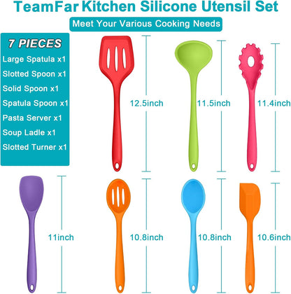 TeamFar Silicone Cooking Utensil Set of 7, Black Kitchen Nonstick Tools Turner Spoon Spatula Ladle Pasta Server for Nonstick Cookware, Healthy & One-Piece, Anti-Heat & Dishwasher Safe